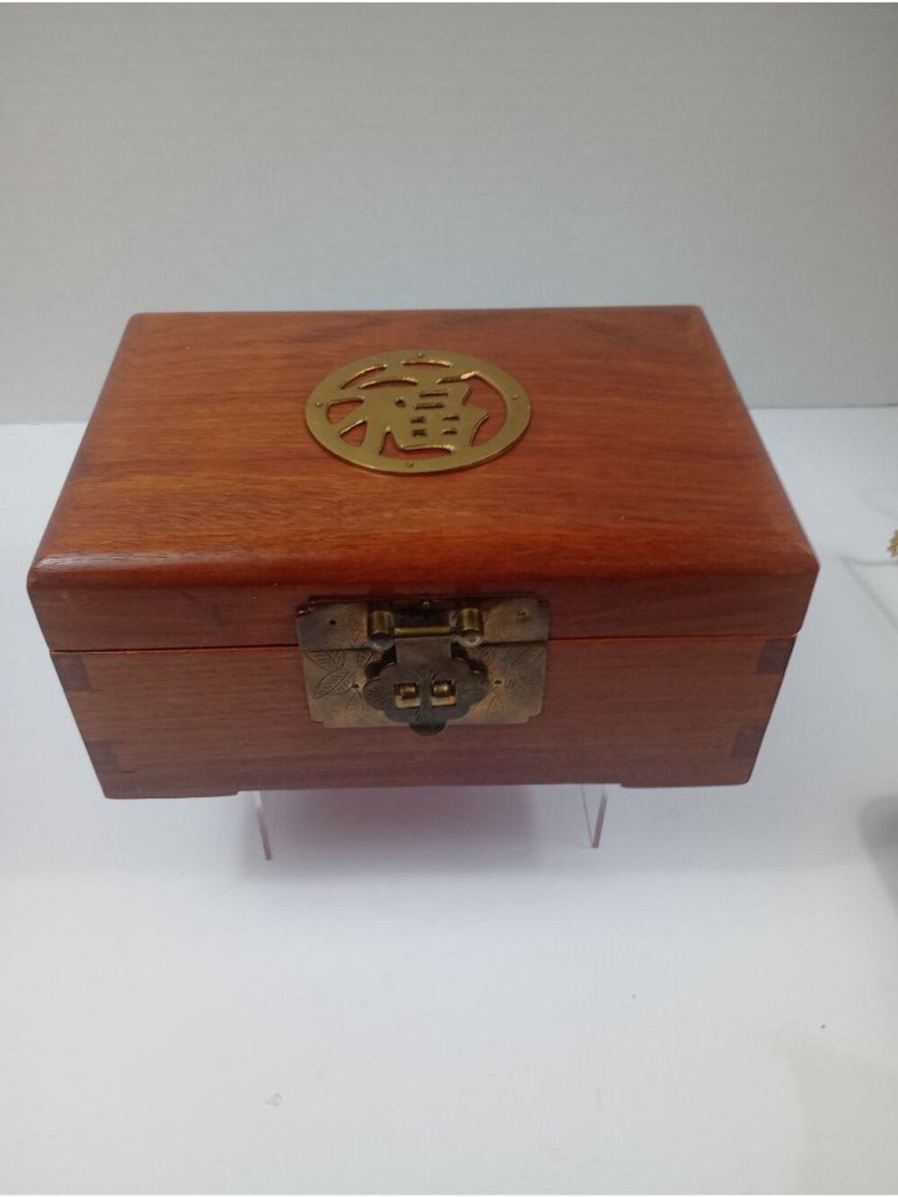 Vintage Asian Wooden Jewelry Box With Brass Longevity Symbol and Gold Interior